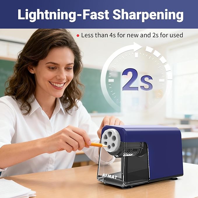 AFMAT 6-Hole Electric Pencil Sharpener, Cordless & Rechargeable, Pencil Sharpener for Classroom, Heavy Duty Pencil Sharpeners for 6-11mm Pencils, Auto Stop, Super Fast, 10,000+ Sharpenings, PSD1