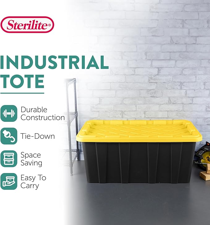 Sterilite 12-Pack Industrial Tote, Plastic Storage Container Bins with Lids, 38 Gallon - Heavy-Duty Organizing Containers for Closet, Bathroom, and Office