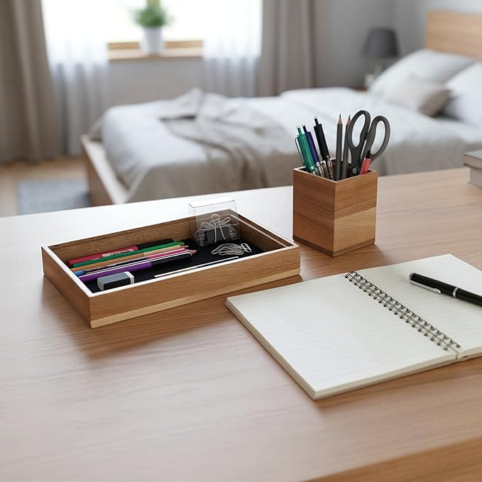 Kifmurase Wooden Desk Tray with 2 PCS Pen Holder, Wood Desk Drawer Organizer with Felt Lined, Aesthetic Organizer Tray& Pen Holder Office Home Desktop Accessories for Keys Pencils Watch Earbuds