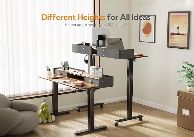 Claiks Standing Desk with Drawers, Adjustable Stand Up Electric Standing Desk Adjustable Height with Storage Shelf and Splice Board, 63 Inch, Rustic Brown