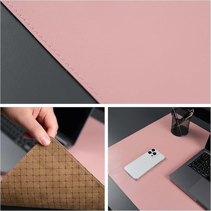 TORONATA Jersey Genuine Calfskin Leather Desk Pad, Office Desk Mat with Non-Slip Bottom, Smooth Surface for Mouse & Keyboard, Desk Protector (14.6x31.5 inches) (Pink)