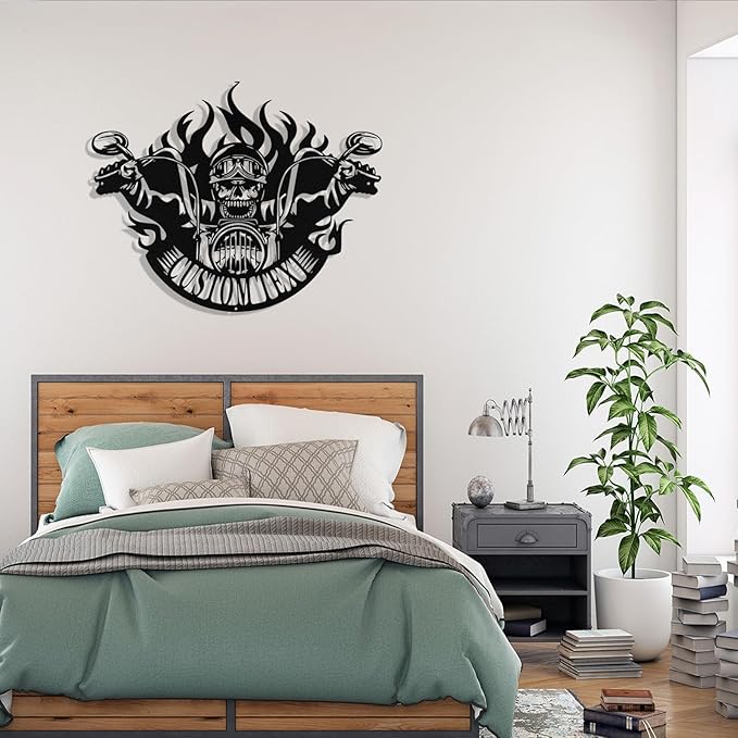 Custom Motorcycle Skull Metal Sign Personalized Biker Name Sign Custom Garage Decor Motorbikes Wall Art Decor Motorcycle Sign Men Room Decor Gifts for Men Husband Rider