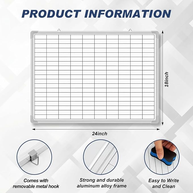 Lined Whiteboard Blank Grid Aluminum Frame Dry Erase Board Reusable Wall Mounted Board for Scheduling, to Do Lists Weekly Planning Home Work(24 x 18 Inch,Whiteboard with Grid)