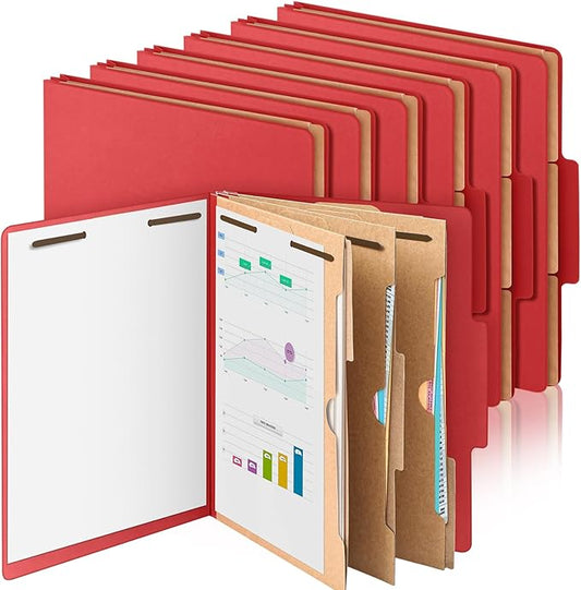 12 Pcs Classification Folders Letter Size 3 Pocket Dividers Employee File Folder with 2 Prongs Fasteners, 2 in Expansion Heavy Duty Pressboard File Holder for School Office Medical Document(Red)