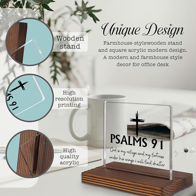 Psalm 91 Desk Sign, Christian Bible Verse Decor with Cross, God Is My Refuge and Fortress Gift for Women Men, Inspirational Faith Plaque for Office, Birthday, Baptism, Retirement, Christmas PA130