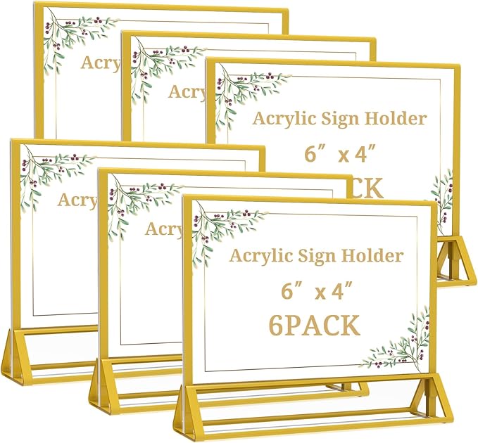 PPH-Sisy Clear Acrylic Sign Holder 6x 4 Horizontal Double Sided Gold Frame Display Stand Table Flyer Holder for Wedding Table Number Menu Holder (6pcs)