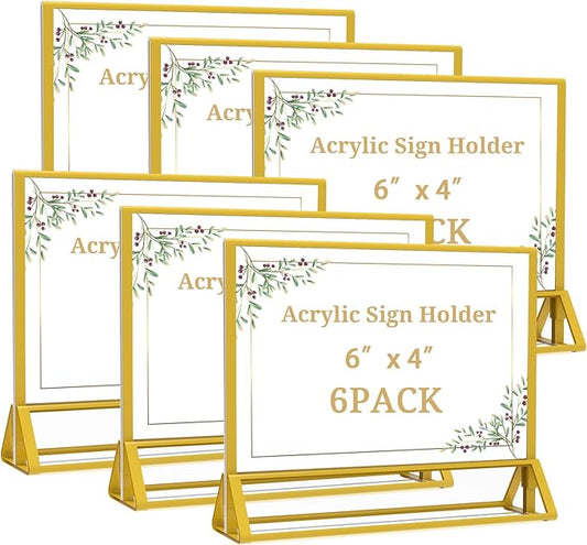 PPH-Sisy Clear Acrylic Sign Holder 6x 4 Horizontal Double Sided Gold Frame Display Stand Table Flyer Holder for Wedding Table Number Menu Holder (6pcs)