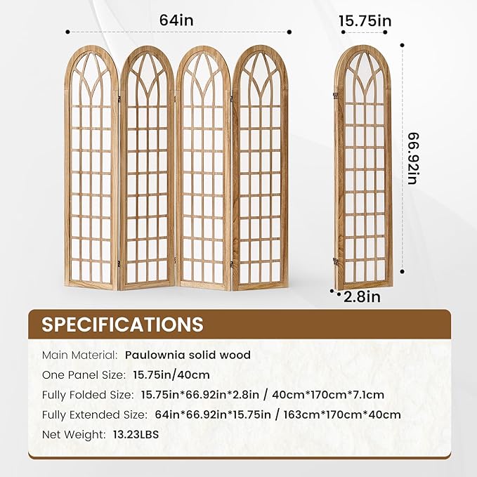 ALeesing Folding Room Divider Privacy Screen Freestanding 4-Panel Shoji Style Wooden Frame Decorative Partition Wall for Bedroom Office Apartment Natural