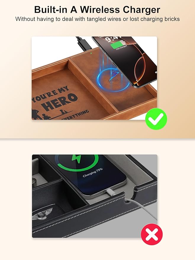 Valet Tray, Built-in Wireless Charger, Nightstand Organizer, Dresser Organizer, Mens Jewelry Box, Valet Charging Station, Gifts for Dad from Daughter Son Wife, Brown