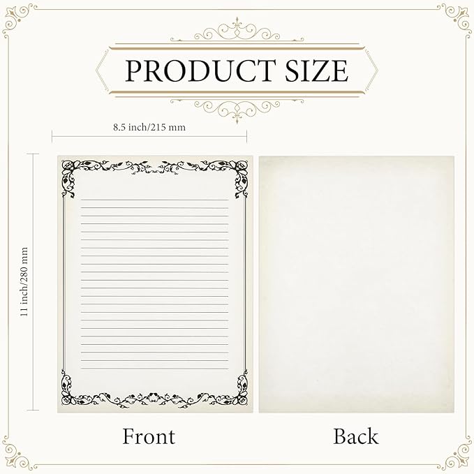 Sabary 200 Sheets Lined Stationary Writing Paper 8.5 x 11 Inch Fancy Vintage Stationery Letters Paper Lined Antique Retro Sheets for Letters Invitations Resume(Black)