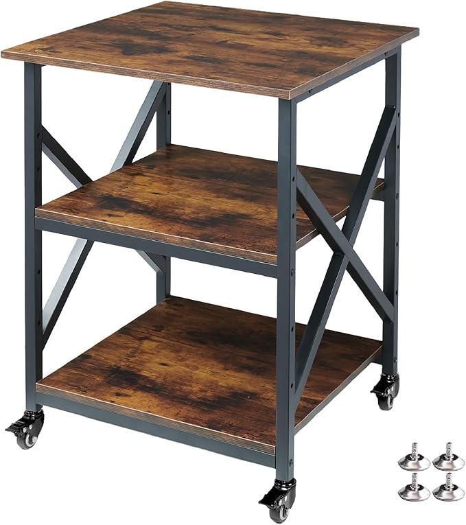 Fannova 23.6 x 23.6 Inches Large Printer Stand, 3 Tier Square Printer Table with Height Adjustable Storage Shelf, Rolling Printer Cart with Industrial Wheels for Home Office - Rustic Brown