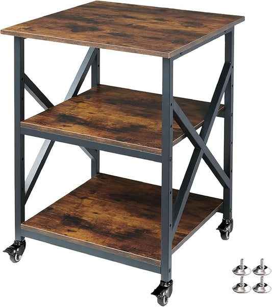 Fannova 23.6 x 23.6 Inches Large Printer Stand, 3 Tier Square Printer Table with Height Adjustable Storage Shelf, Rolling Printer Cart with Industrial Wheels for Home Office - Rustic Brown