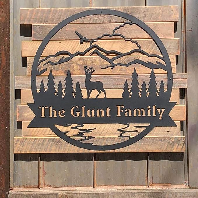 RealSteel Personalized Outdoor Metal Sign, Customize the Great Outdoor Deer & Mountain Monogram, Rustic Cabin, Lodge, or Home Décor, Laser Cut Steel Wall Art, Family Gifts