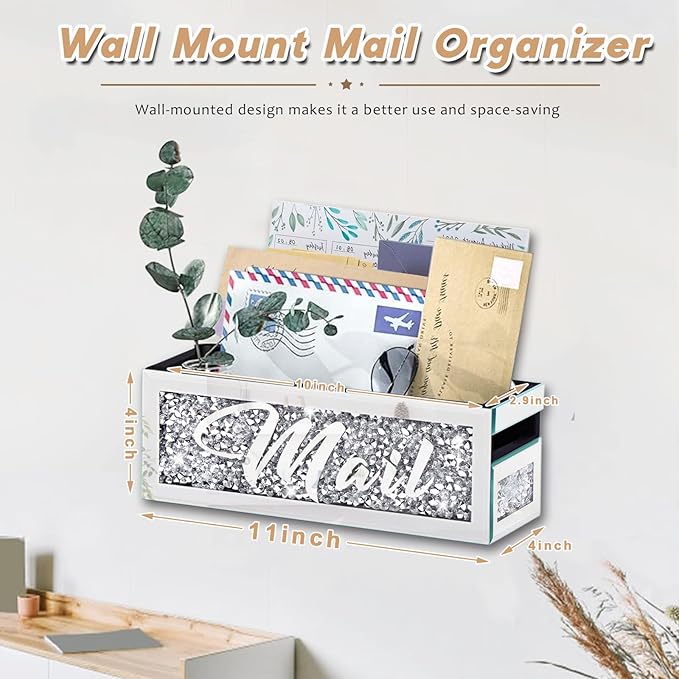 Crushed Diamond Mail Organizer, Crystal Mail Organizer Countertop, Mirror Letter Holder, Mail Tray, Mail Holder Box for Desk, Mail Holder for Wall