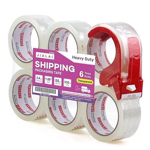 JIALAI HOME Heavy Duty Transparent Packing Tape,6 Rolls with Refillable Dispenser,Industrial Grade Packaging Tape for Shipping Moving Sealing,1.88 inches x 55 Yards Per Roll