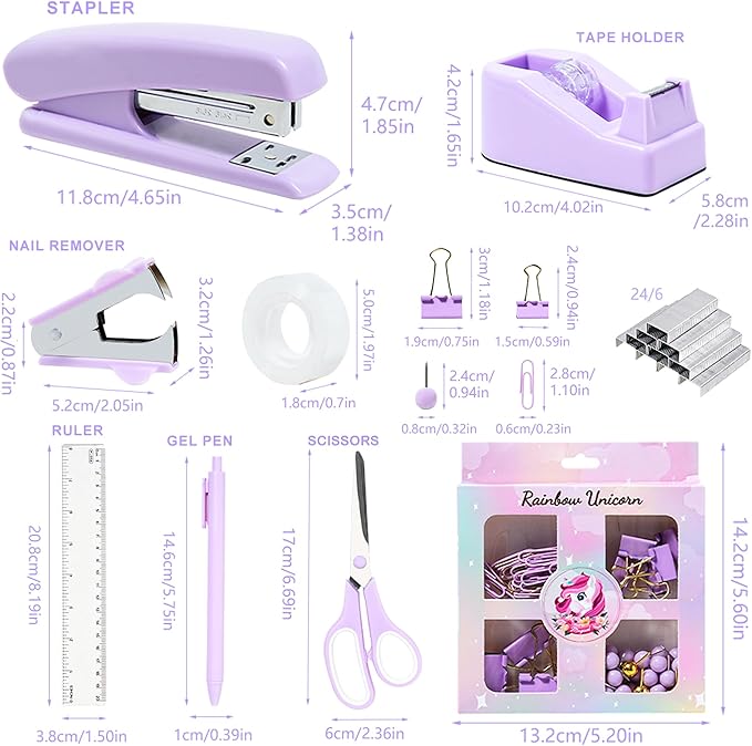 COMFYROOM Desk Accessories with Pen Holder, Office Supplies Desk Organizers and Accessories, Tape Dispenser, Stapler, Staple Remover, Staples, Clips Set, Ruler, Scissor, Pen, Tape (Purple)