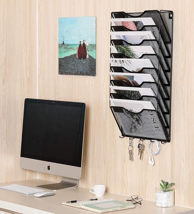 EasyPAG 8 Pocket Mesh Wall File Organizer with Key Hooks, Hanging Paper Folder Holder with Classify Label, Vertical Wall Mount Mail Organizer for Office Home Classroom, Black