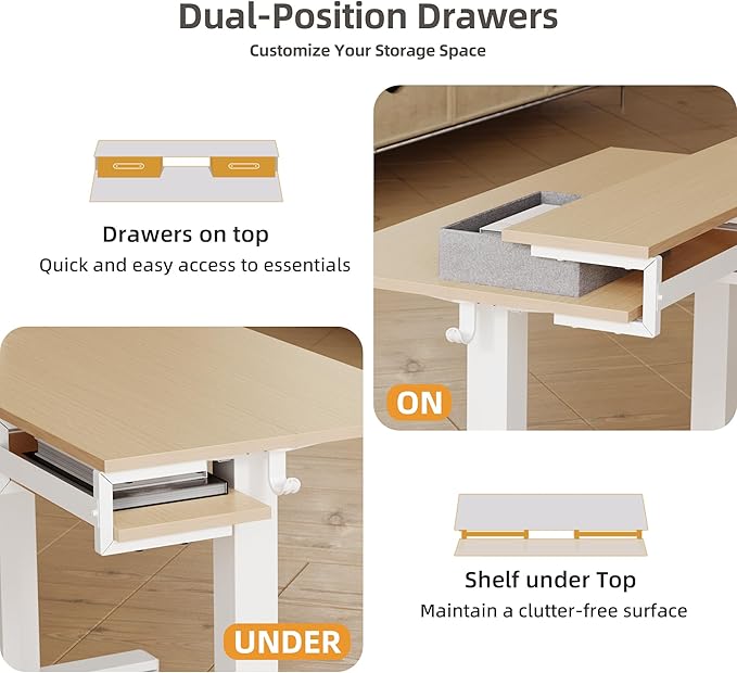 Claiks Electric Standing Desk with 2 Drawers, Adjustable Standing Desks with Storage, Height Adjustable Stand up Desk for Home Office with 2 Hooks,55 Inch Natural