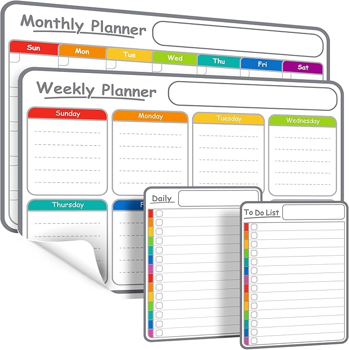 4-Pack Non-Magnetic Dry Erase Calendar Board Set – Monthly, Weekly, Daily, to-Do List Planner – Whiteboard for Stainless Steel Fridge, Wall, Glass, Door – Family, Office, Classroom Organizer