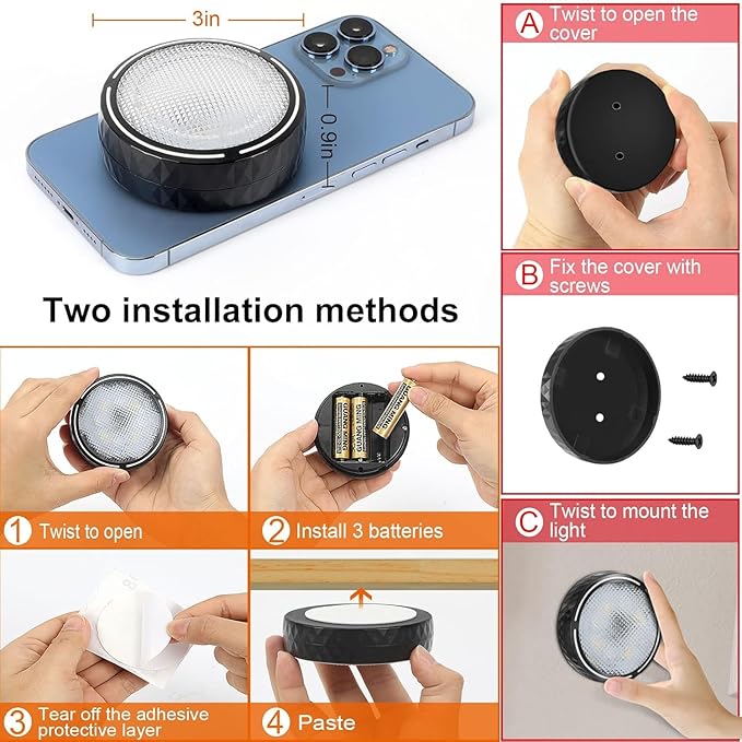 LED Puck Lights with Remote Battery Operated Under Cabinet Lighting Wireless Stick on Lights Color Changing Timer Tap Lights for Cabinets Shelves Closets Display Case - 6Pack Black