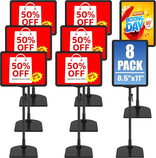 8Pack Sign Holder Stand for Display 8.5 x 11, Adjustable Poster Stand for Table Top & Floor, Floor Standing Sign Holder, Signage Stands for Business, Market, Retail, Store Display Stands