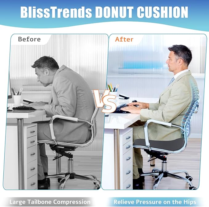 BlissTrends Donut Pillow Seat Cushion, Donut Chair Cushions for Postpartum Pregnancy & Hemorrhoids, Tailbone Pain Relief Cushion, Memory Foam Lifting Cushions for Office & home Chairs (Grey, XX-Large)