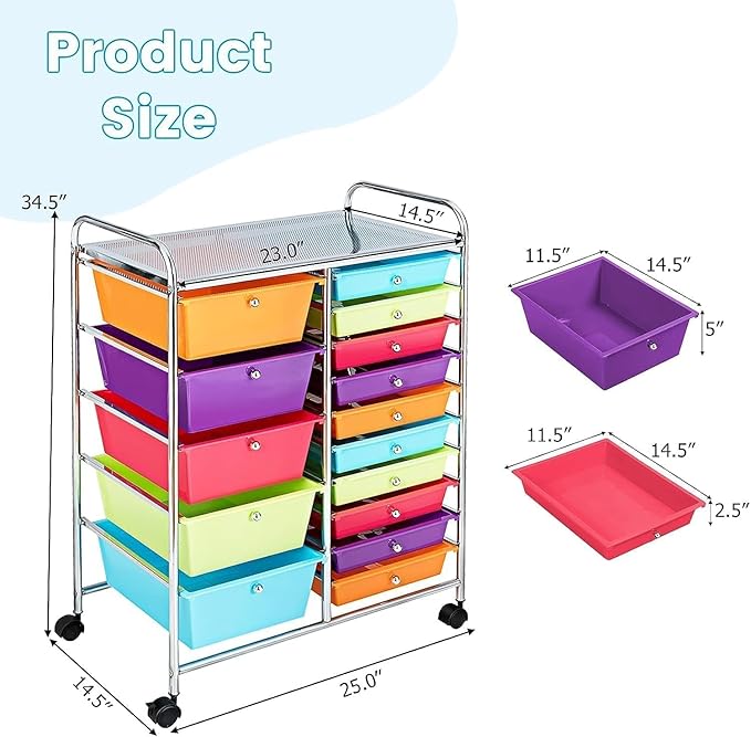 LDAILY 15 Drawer Rolling Storage Cart, Rolling Cart with Drawers for Classroom, Art Supply Craft Organizer on Wheel with Metal Frame & Handles for Home Office School