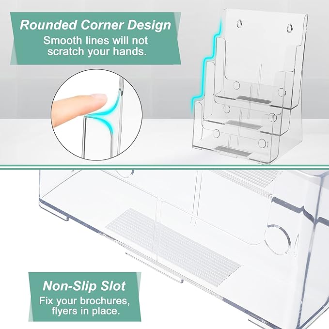 2 Pack Acrylic Brochure Holder 8.5 x 11 inches, 3 Tier Clear Brochure Display Stand with Removable Divider for Trifold 4 Inches Wide Pamphlet, Plastic Flyer Holder for Magazine, Literature, Booklet