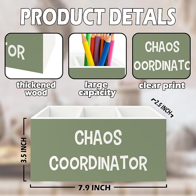 XPH Chaos Coordinator Green Pen Pencil Holder Organizer for Desk, Thank You Gifts for Women Men Coworkers Boss Leader Manager, Appreciation Gifts Wooden Box Sign for Office Tabletop Decorations