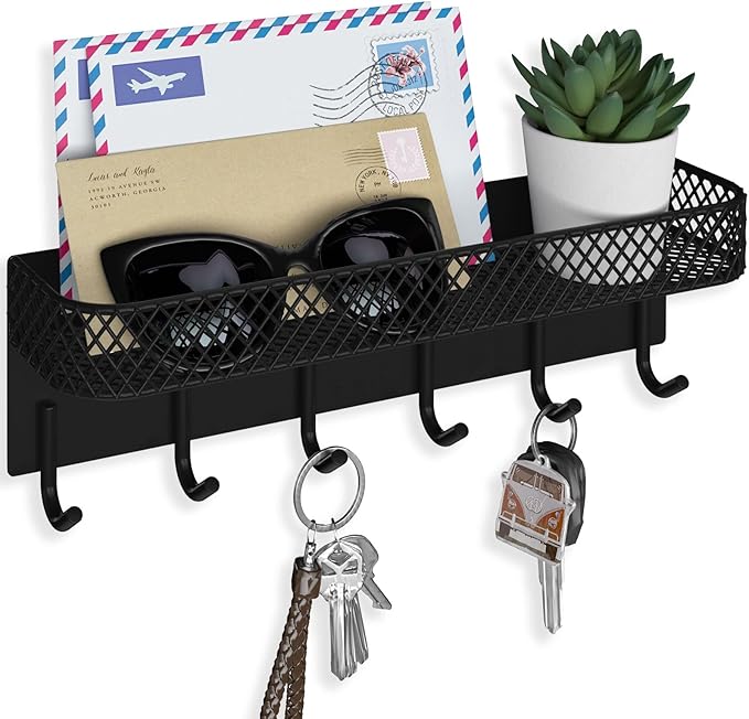 Lwenki Key Holder for Wall – Decorative Stainless Steel Key Hanger with 6 Hooks for Hats, Bags, Leashes – Mail Holder Key Rack with Mounting Hardware and Guide (9.65” x 2.8” x 2.2”) (Black)