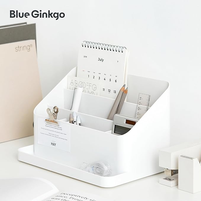 BLUE GINKGO Desk Organizer – Korean-Made Office Storage for Pens, Notes, Mail, and Supplies (White)