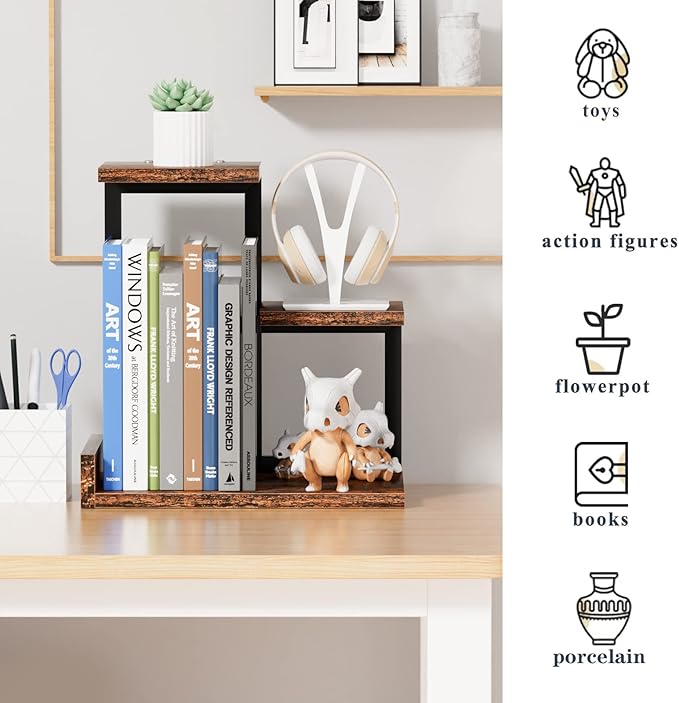 Gannyfer Desk Shelf Organizer - Wood Desktop Shelf, Freestanding Desk Hutch Office Decor, 3 Tier Storage Display Rack, Small Bookshelf with Metal Frame for Books/Plants/Toys (Rustic Brown Black)