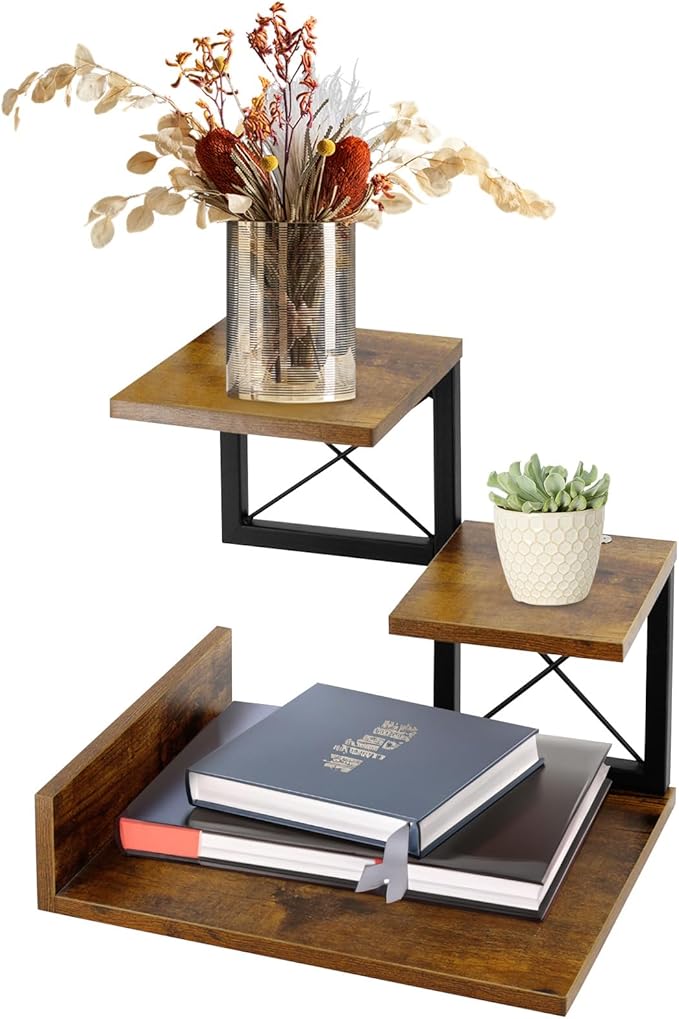 Jolitac Wood Desktop Shelf, Desktop Organizer Office Storage Rack Adjustable Wood Display Shelf 3 Tier Storage Display Rack Office Decor Stand Shelves with Metal Frame (Brown)