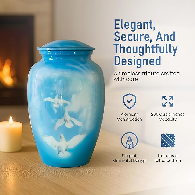 Modern Memorials Cremation Urn for Ashes - Large Urn for Man & Women - 200 Cubic Inches - Includes Velvet Storage Bag - Dove Style