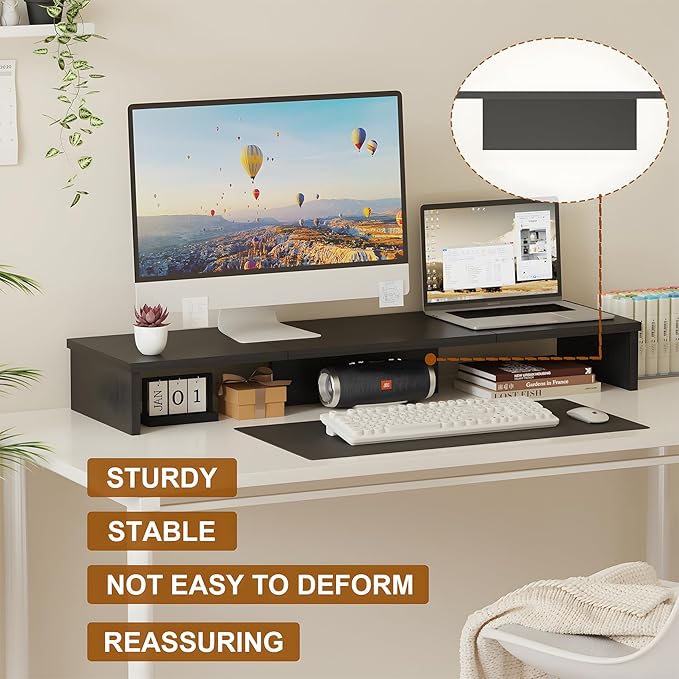 Qupui Dual Monitor Stand Riser, Large Computer Monitor Stand for Desk, Monitor Riser for 2 Monitors, Wood Desk Shelf for Top of Desk, Desktop Organizer for Computer, Laptop, Printer, TV