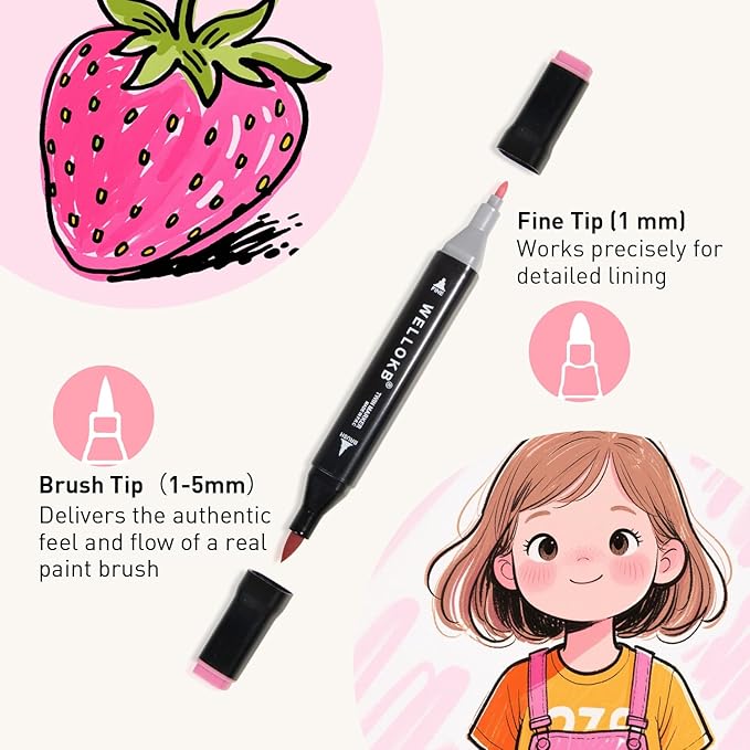 WELLOKB Alcohol Markers Set, 60 colors Alcohol Based Dual Tip, Fine and Brush Tip for Adult Coloring Books, Drawing, Sketching