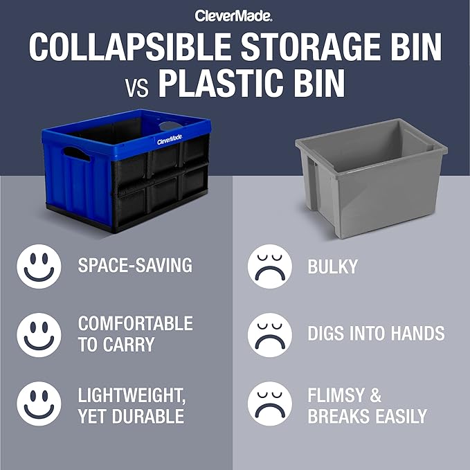 CleverMade Collapsible Storage Bins - Tan 3 Pack 62L - Stackable Containers Heavy Duty Capacity Folding Crates - Space-Saving for Home