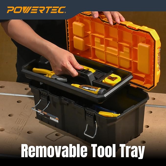 POWERTEC 16-Inch Tool Box with Trays - Lockable, Metal Latch, Organizer, Portable Storage for Tools, Small or Mid-Sized Parts (72119)