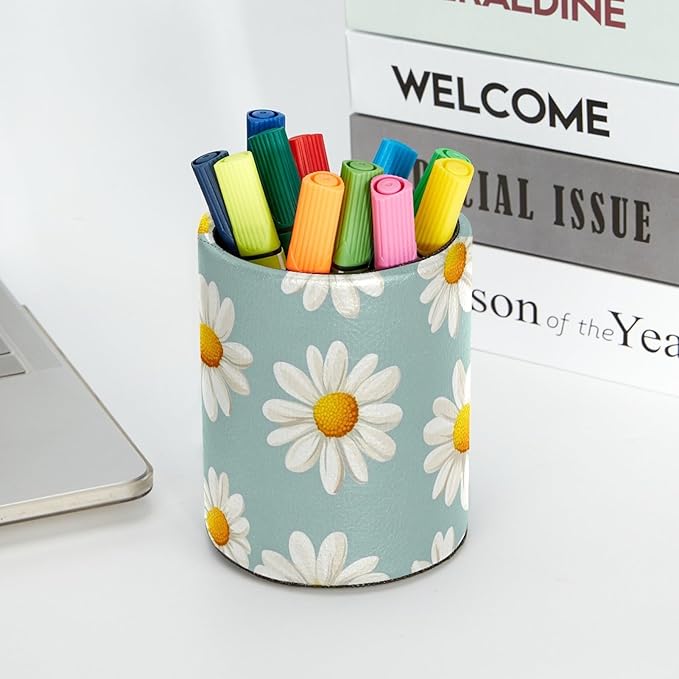 Leather Pen Holder for Desk, Daisy Pencil Cup Desktop Organizer Makeup Brush Holders Office Supplies for Home, Kids & School