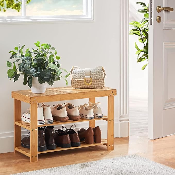 Pipishell 3 Tier Bamboo Shoe Rack Bench - Sturdy Shoe Organizer Holds up to 300lbs for Entryway, Bedroom, Living Room, Balcony