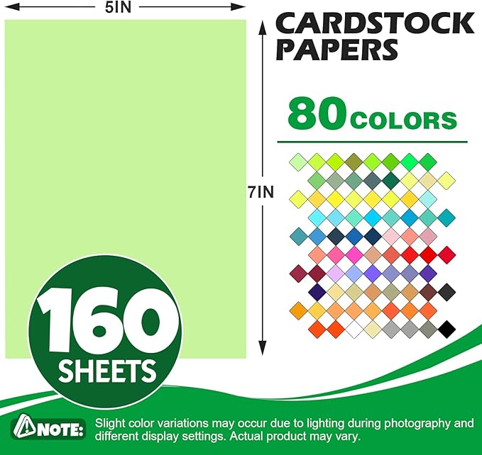 160 Sheets 5" X 7" Colored Cardstock, 80 Assorted Colors 180 GSM/65 LB Construction Paper Card Stock Printer Paper for Printing, Card Making, DIY Crafts, Kids School Supplies,Party Decorations