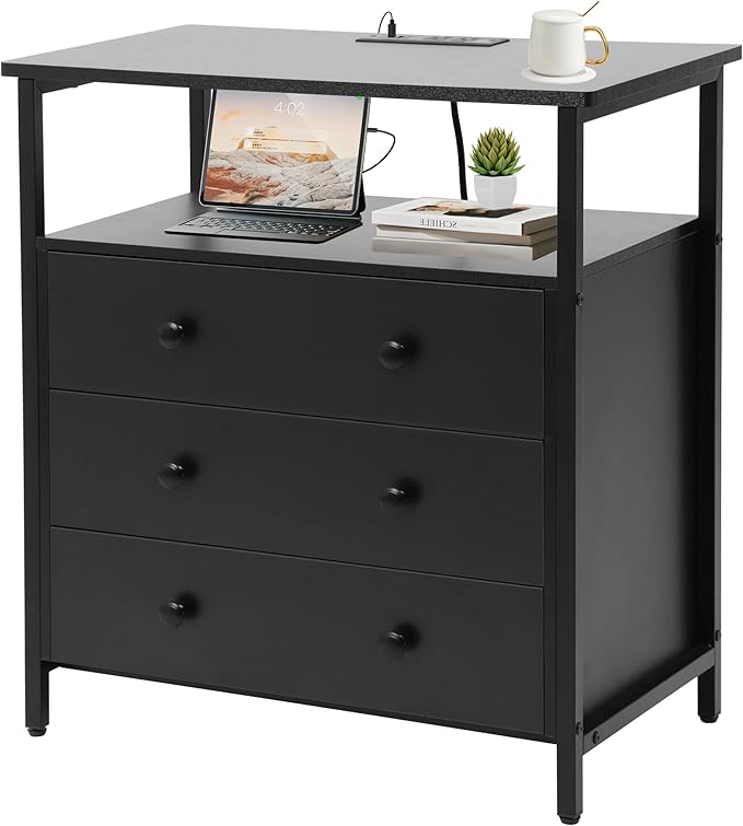 Edbuosy 3 Wooden Drawers Night Stand, 27 Inch Wide Nightstand with Charging Station and Adjustable Drawers, Small Dresser for Closet, Bedside Table for Living Room/Bedroom/Office