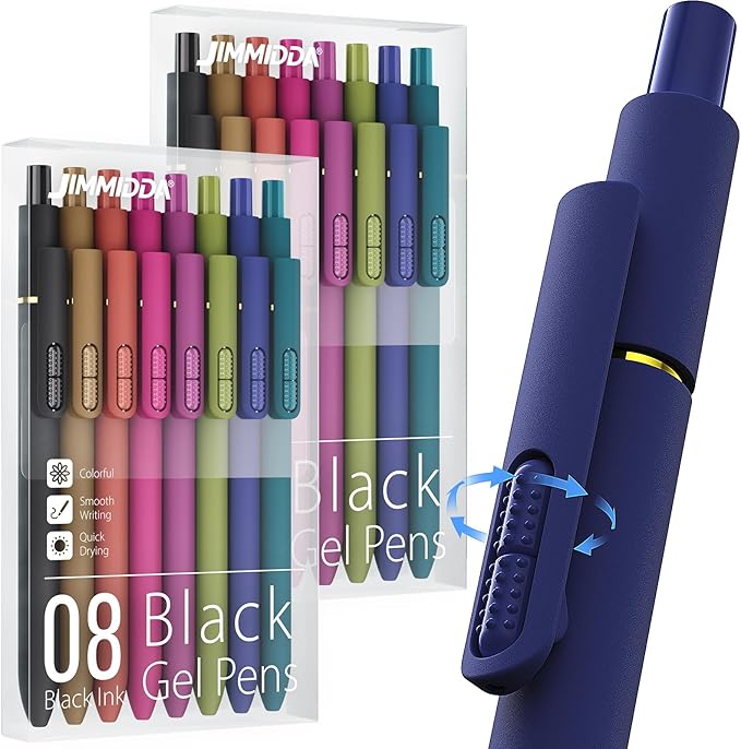 JIMMIDDA 16Pcs Black Gel Pens - 0.7mm Medium Point Black Ink Pens | Smooth Writing - Quick Drying Retractable Pen for Men Women (Vintage - 16Pcs)