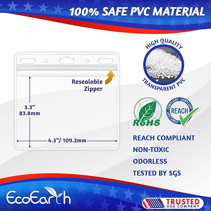 EcoEarth - Horizontal Card Protector w/Soft Edge - Sealable 4x3 Inch, Clear, 250 Pack - Waterproof ID Badge Holder - Plastic Name Tag Holder Bulk