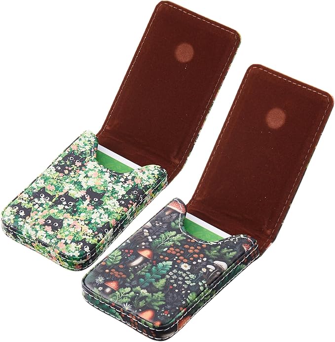 Outus 2 Pieces Business Card Holder, PU Leather Business Card Case Pocket Wallet with Magnetic Shut for Valentines Gift Men Women(Soft,Mushroom and Black Cat)