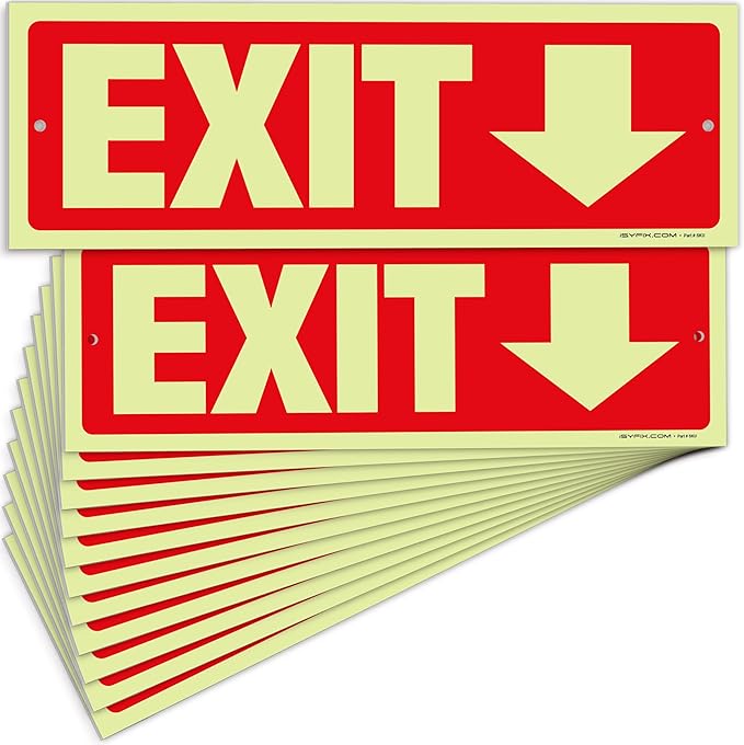 iSYFIX Exit Signs with Directional Down Arrow - 12 Pack 12x4 Inch Glow in the Dark for Business, School, Office, Warehouse - Durable 40 Mil Polystyrene, UV Laminated, Waterproof, Scratch & Fade Resistant