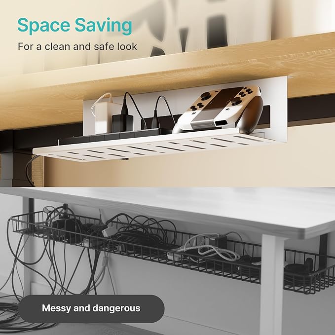 PEGZONE Under Desk Cable Management Tray, 15.7 Inches Metal Cord Organizer Rack, Desk Tray for Power Strip, Cord, Wire, Easy Mounting Cable Management Under Table for Home Office, White