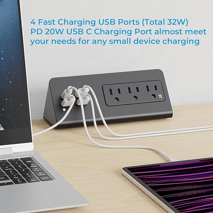 Nightstand Charging Station, Nightstand Edge Power Strip with 3 AC Outlets, 4 Fast Charging USB Ports, Connect 6.56FT Flat Plug, Desk Surge Protector for Office Home Hotel, 2-Pack(Black/White)