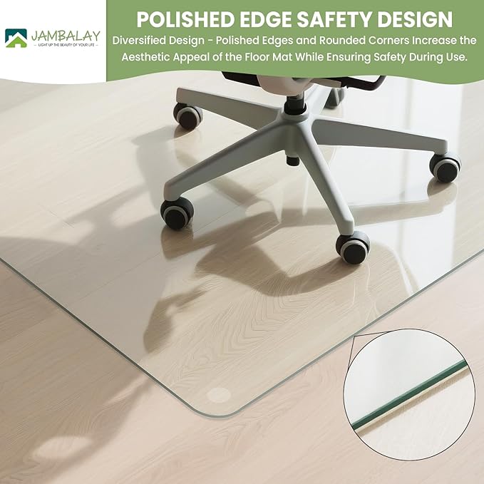 JAMBALAY 55″×46″ Tempered Glass Chair Mat, Heavy Duty Glass Office Floor Mat for Carpets and Wooden Floor, with 12 Anti-Slip Pads, Polished Edges and Round Corners, Easy Roll On, Thick 0.2″