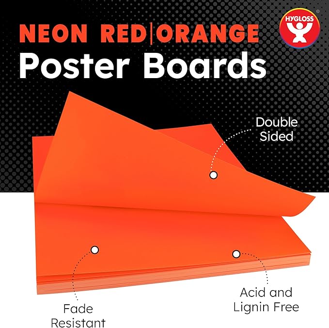 Hygloss Large Poster Board 22x28 - 25 Neon Red-Orange Single Color Poster Boards Bulk Pack - 10 Pt. Thickness Colored Poster Board Paper for Projects, Signs, Displays - Posterboard Multipack 22" x 28"